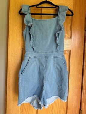 Denim Blvd Los Angeles Ruffle Strappy Denim Romper Light Wash Medium M Stretch
